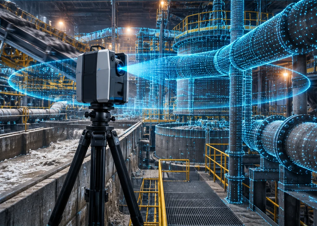 Escáner láser FARO Focus Premium sobre trípode realizando un barrido en una planta industrial en operación