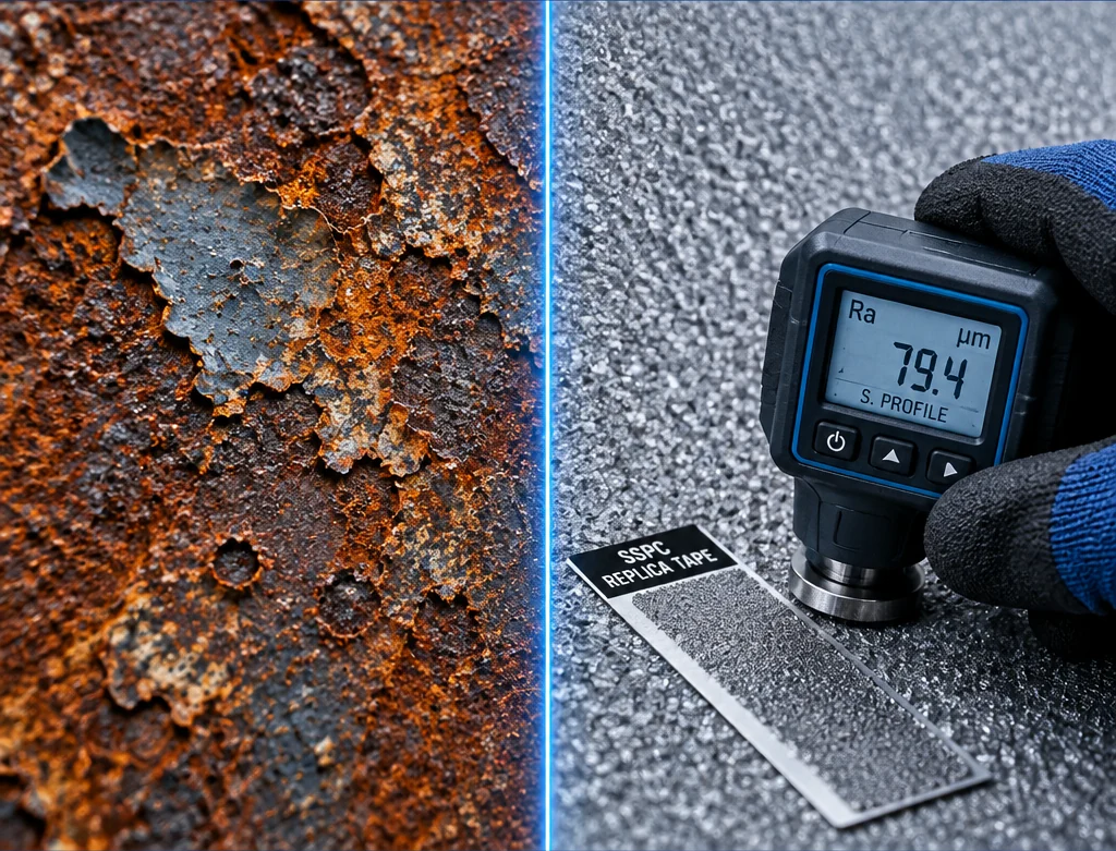 Comparación de superficie oxidada y granallada junto a un medidor digital de perfil de anclaje y cinta réplica