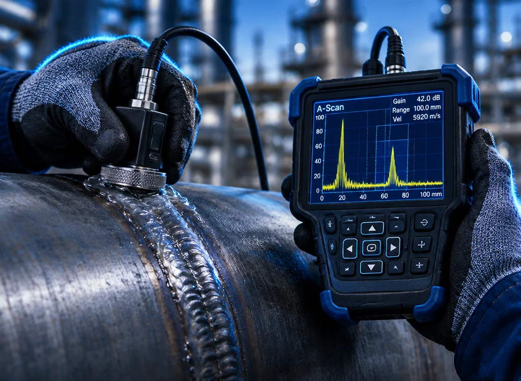 Inspección por ultrasonido sobre cordón de soldadura con acoplante y pantalla de equipo mostrando A-scan